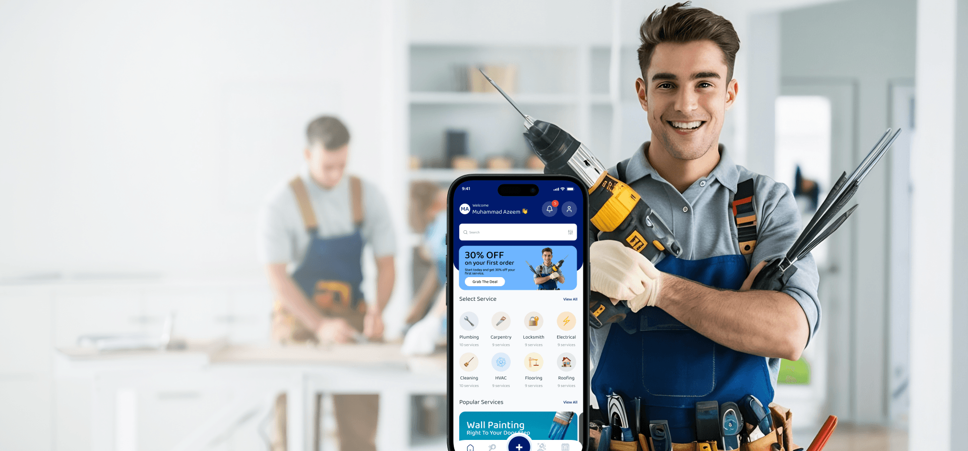 Professional Handyman with App - showing a technician using our mobile application for service bookings